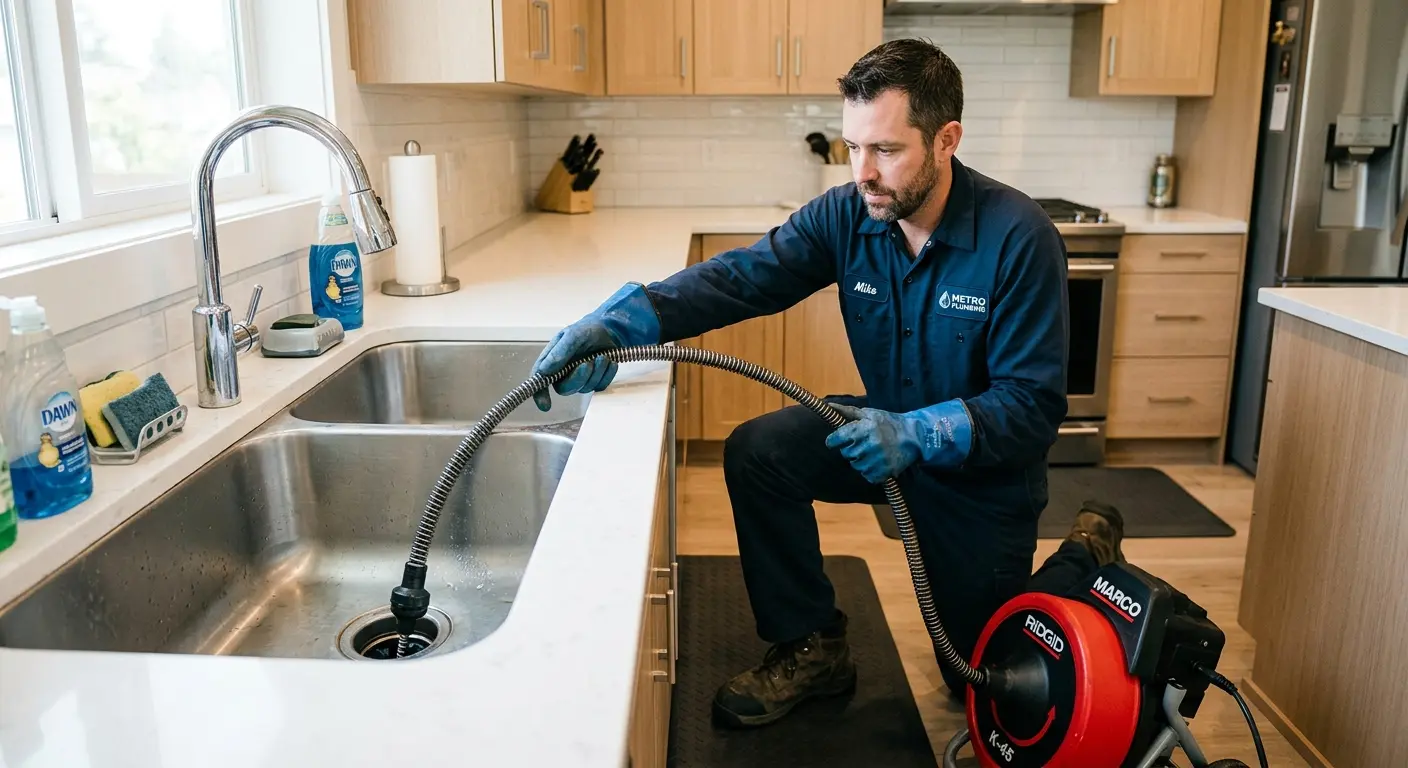Drain cleaning technician using a motorized snake on a kitchen sink in Forest