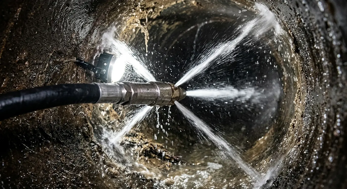 High-pressure hydro jetting nozzle cleaning sewer pipe for Sewer Line Relining in Forest
