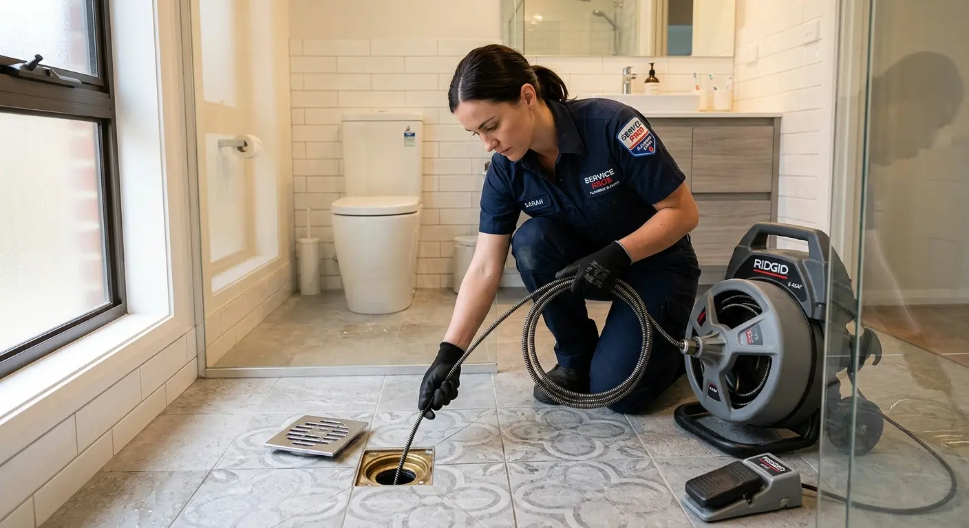 Technician clearing a bathroom floor drain for Hydro Jetting in Forest